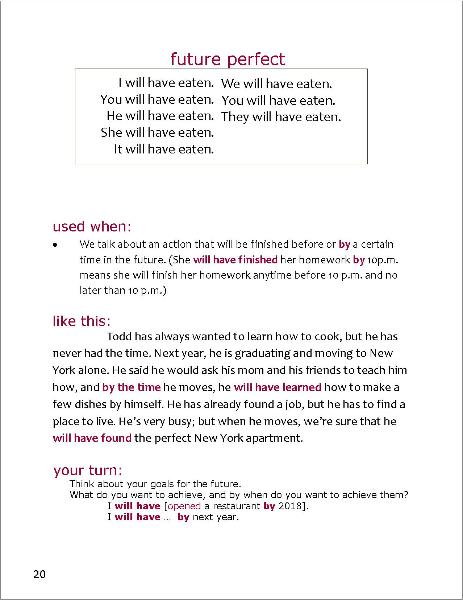 The future perfect tense; The small guide To Improving Your English, a grammar booklet